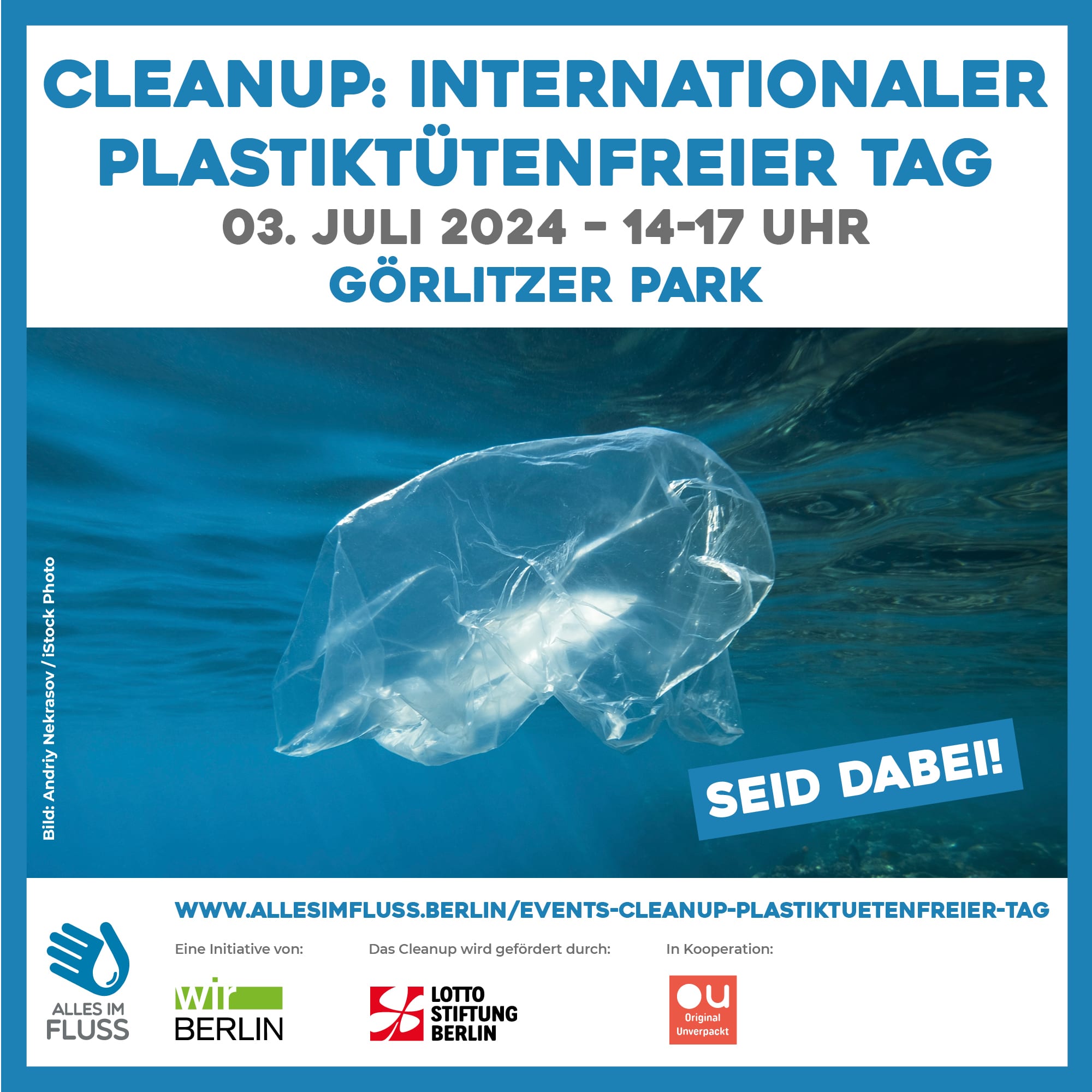 Event-Grafik mit Plastiktüte im Meer zum Cleanup am Internationalen Plastiktütenfreien Tag am 3. Juli