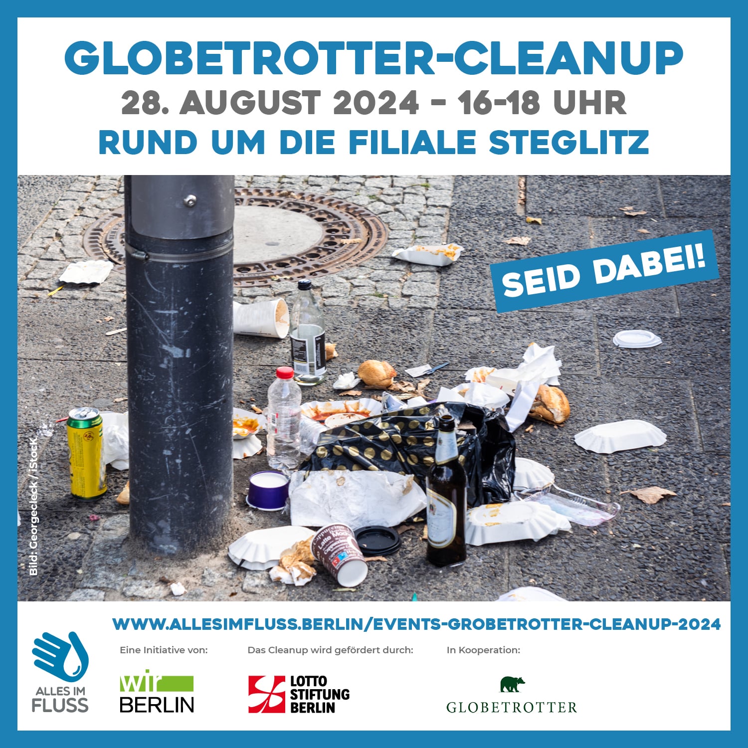 Grafik für das Cleanup in Kooperation mit Globetrotter am 28. August in Steglitz