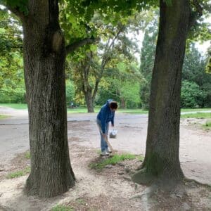 Eine Person die fleißig Müll im Park aufsammelt